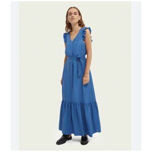 Scotch & Soda Dress Womens Small Blue Maxi Ruffle Strap Tie Back Tiered Hem